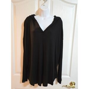 Justify Black Ribbed V Neck Long Sleeve Hooded Top Plus Size‎ 1X /0237